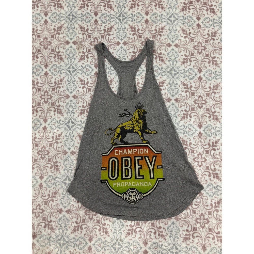 Obey Propaganda Champion Lion Graphic Racerback Tank Top Gray Small